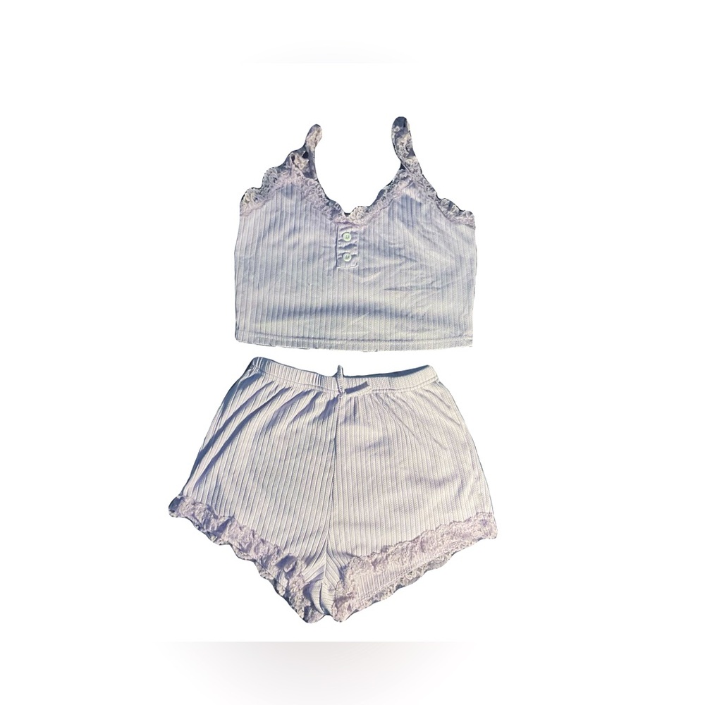SHEIN | Purple 2-piece Contrast Lace Button Front Crop Cami Top & Shorts PJ Set